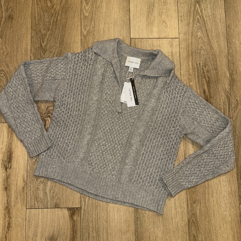 Jason Wu Women's‎ Wool Blend Collared V Neck Crop Sweater Gray Medium NEW